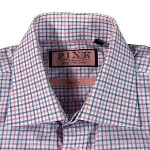 Thomas Pink Slim Fit Men's Blue Pink Plaid Check French Cuff Dress Shirt 15 38cm